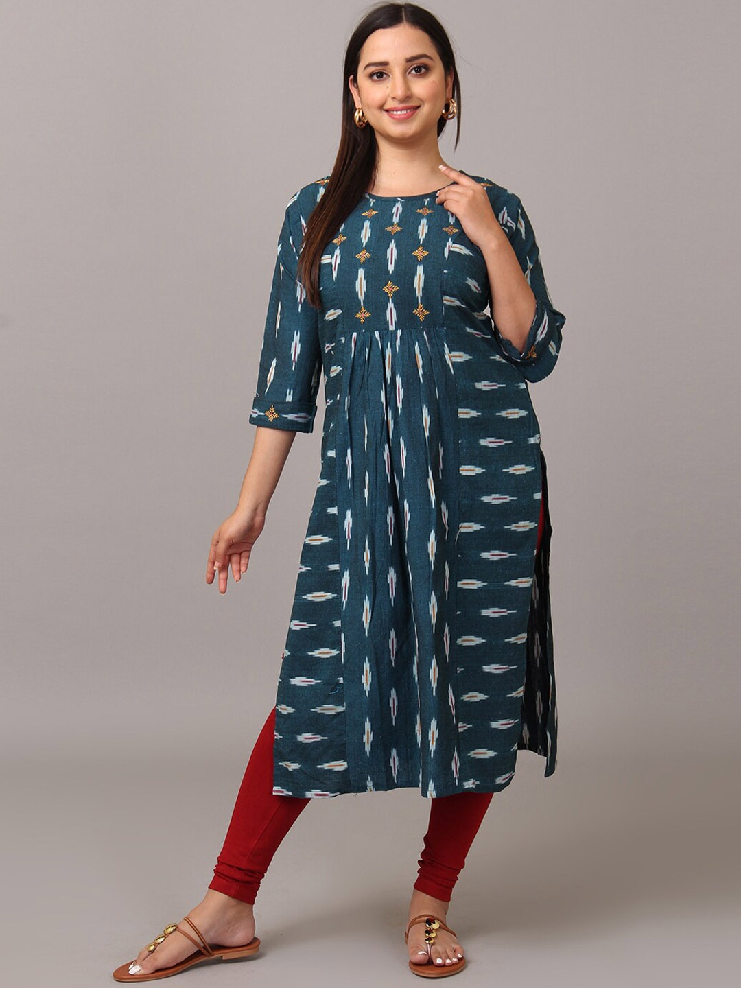

NAYRA Abstract Printed Boat Neck A-Line Panelled Kurta, Teal