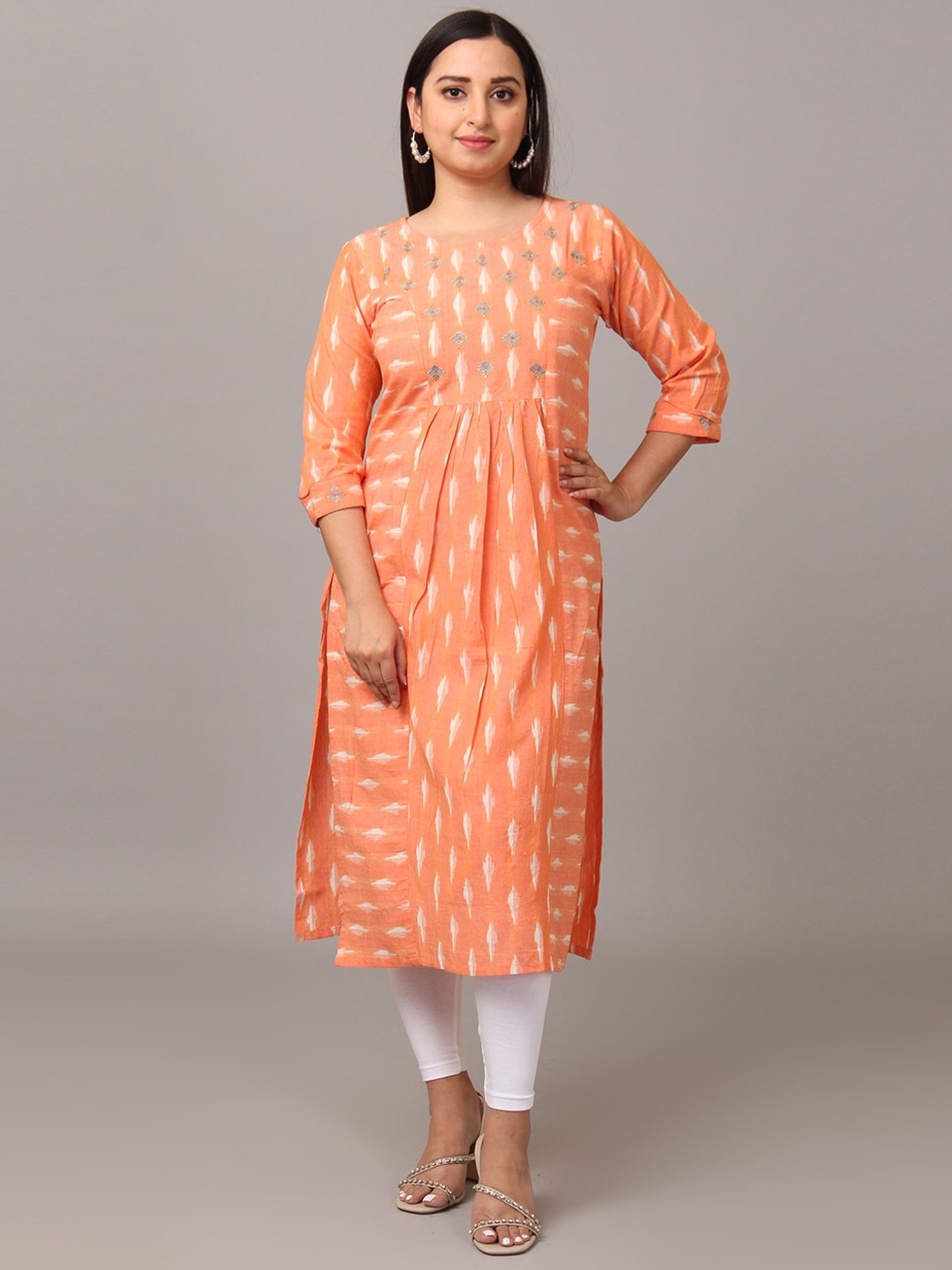 

NAYRA Abstract Printed Boat Neck A-Line Pleated Cotton Kurta, Orange