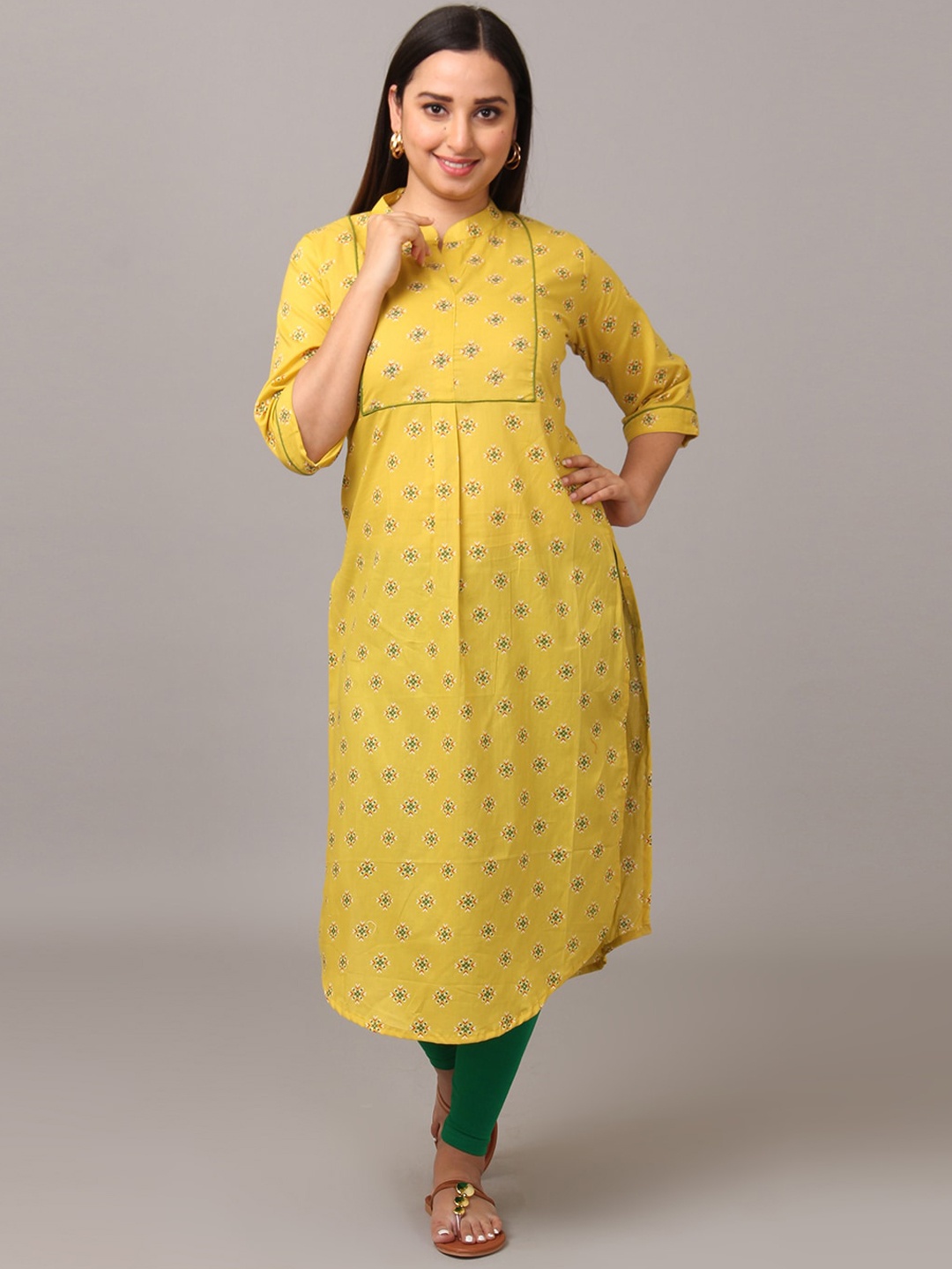 

NAYRA Floral Printed Zari Detailed A-Line Cotton Kurta, Yellow