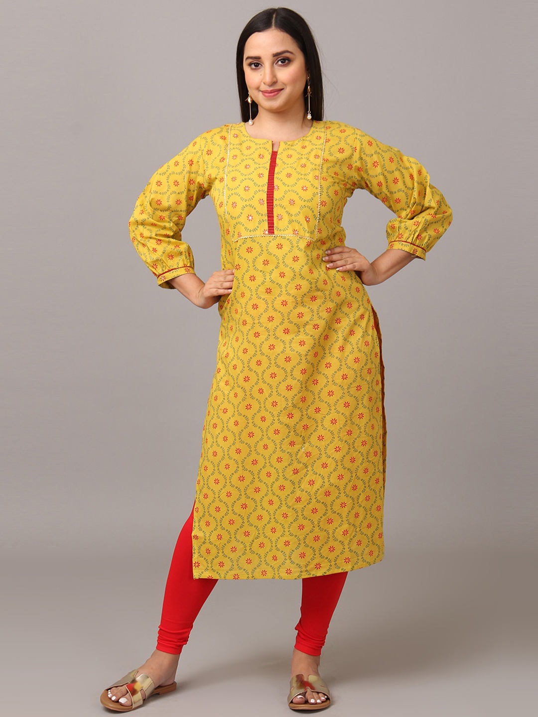 

NAYRA Ethnic Motifs Printed Sequined Notch Neck Straight Cotton Kurta, Yellow