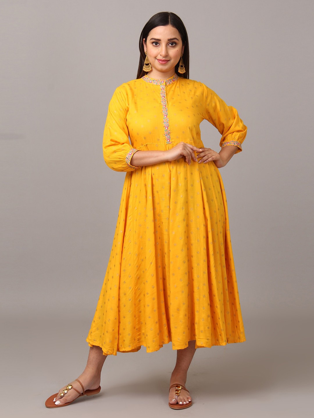 

NAYRA Puff Sleeves Floral Printed Flared Midi Dress, Yellow