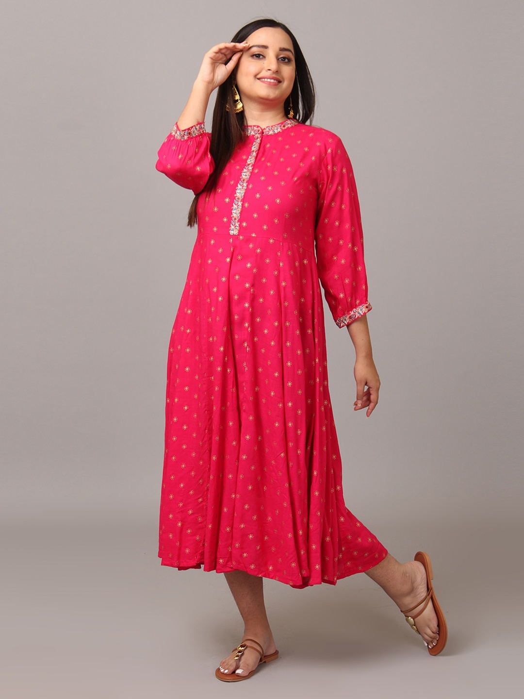 

NAYRA Pink Ethnic Motifs A-Line Midi Dress