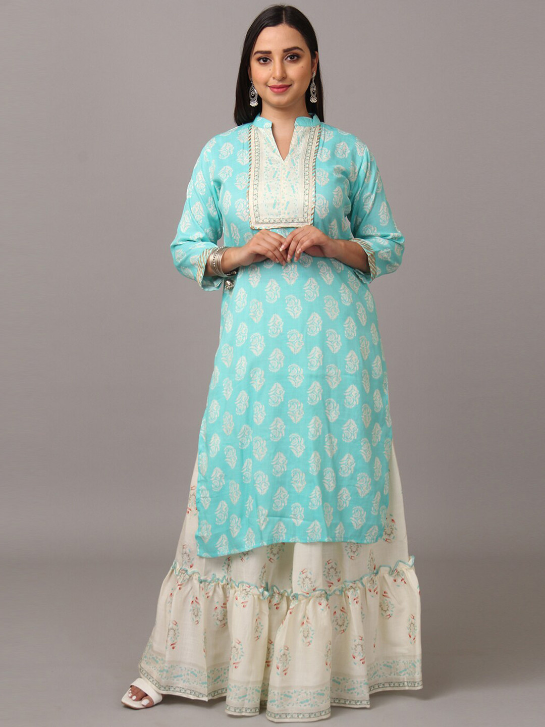

NAYRA Floral Printed Pure Cotton Kurta with Tiered Skirt Set, Blue