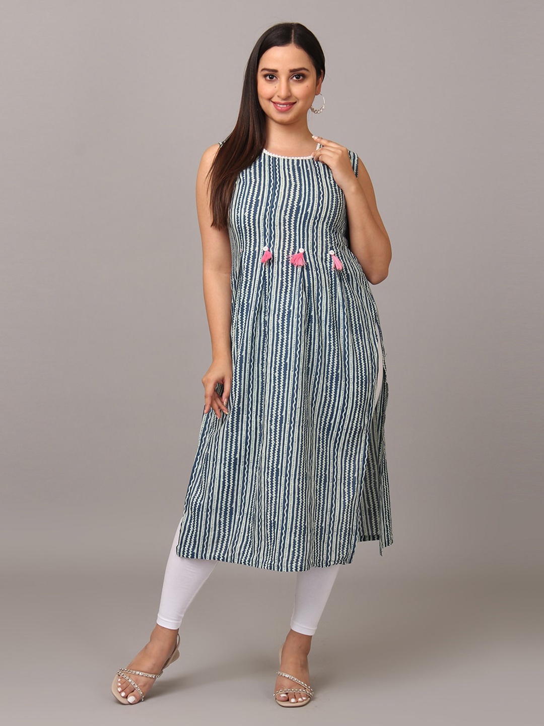 

NAYRA Blue Sleeveless Ethnic Printed A-Line Midi Cotton Dress