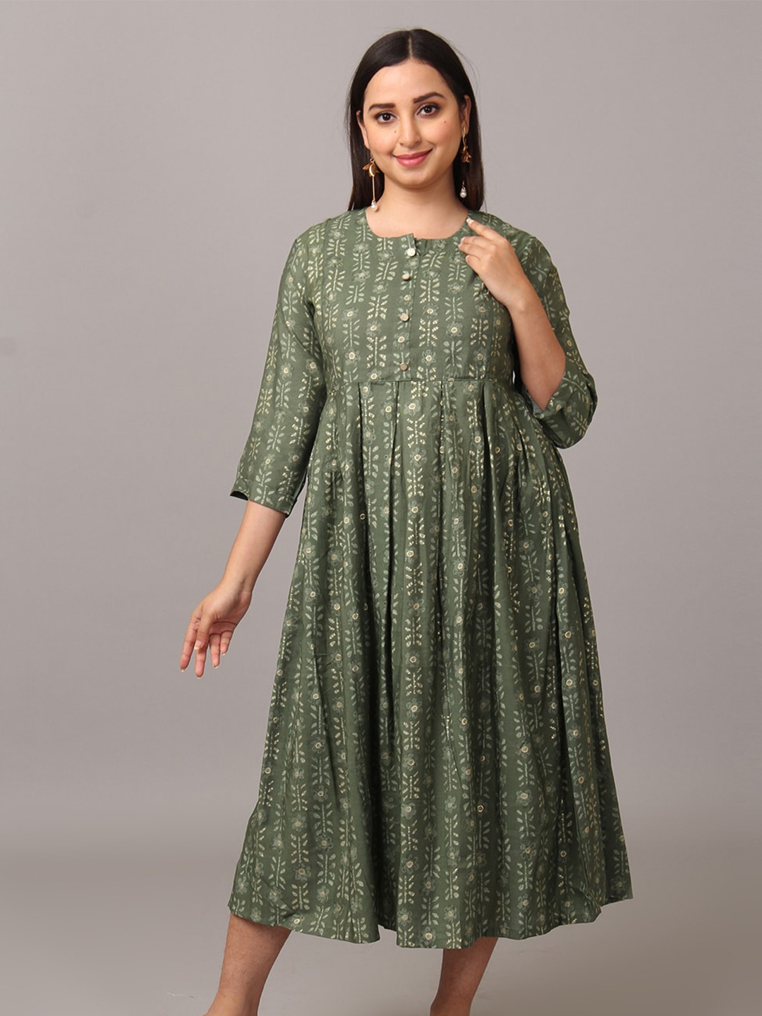 

NAYRA Floral A-Line Midi Silk Dress, Green