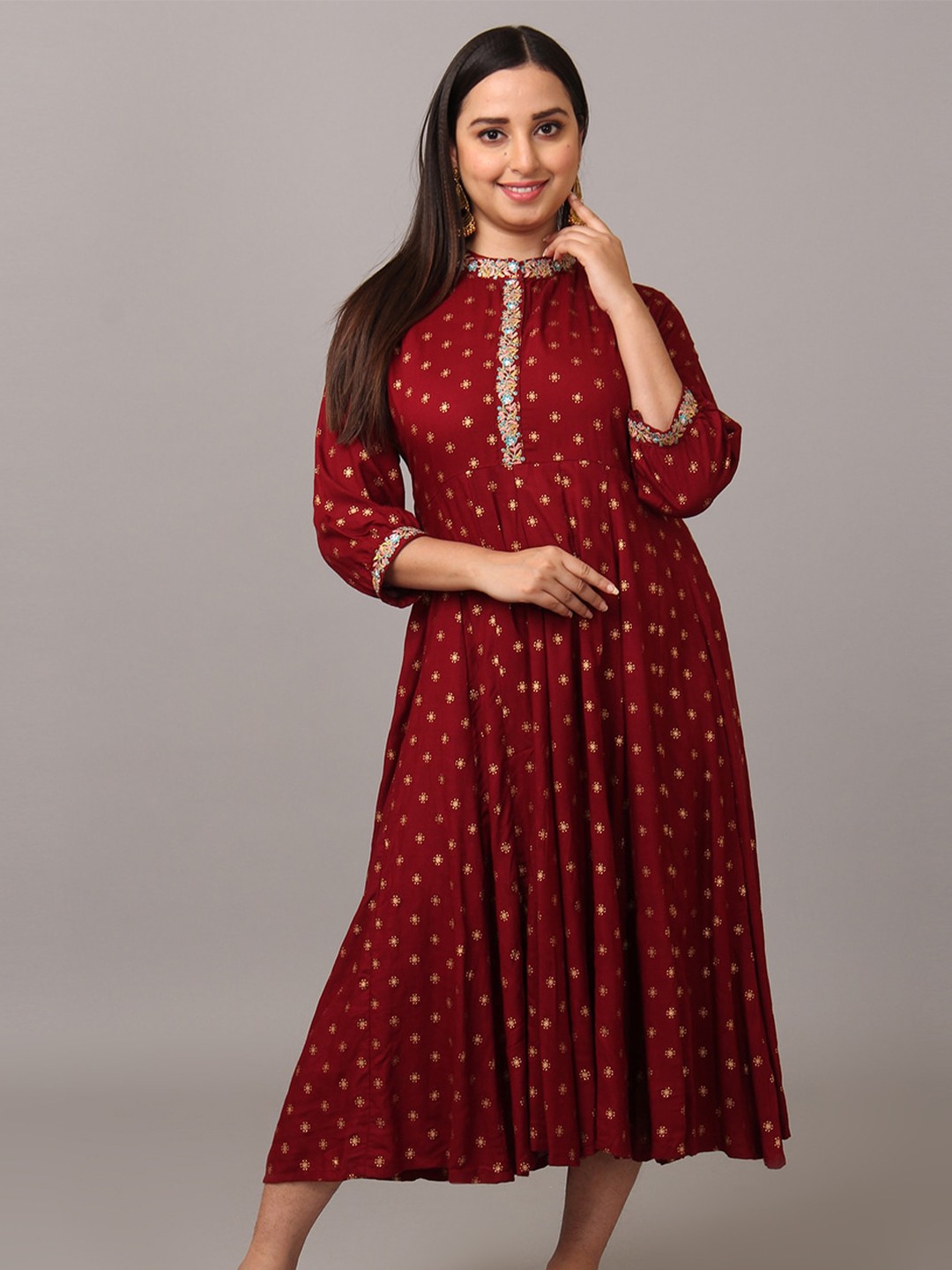 

NAYRA Ethnic Motifs Mock Neck Embroidered Detail Fit & Flare Midi Ethnic Dress, Maroon