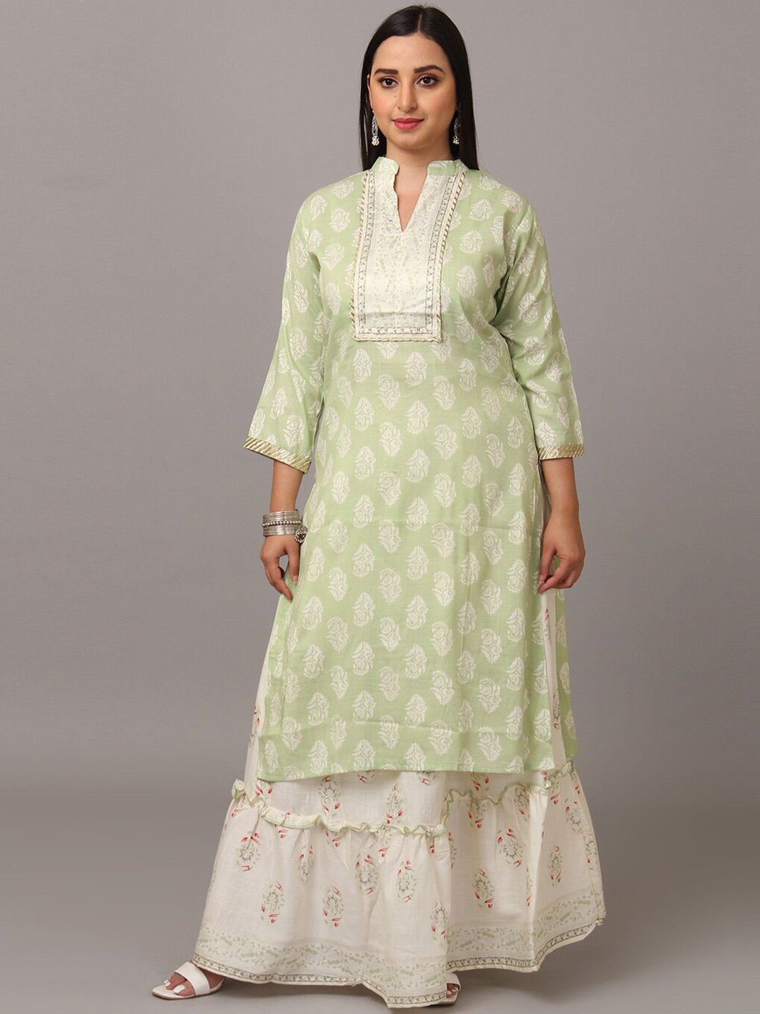 

NAYRA Women Green Ethnic Motifs Printed Pure Cotton Kurta with Skirt