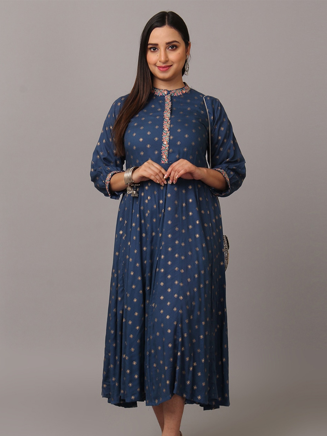 

NAYRA Ethnic Motifs Printed Embroidered Detail Fit & Flare Midi Ethnic Dress, Navy blue