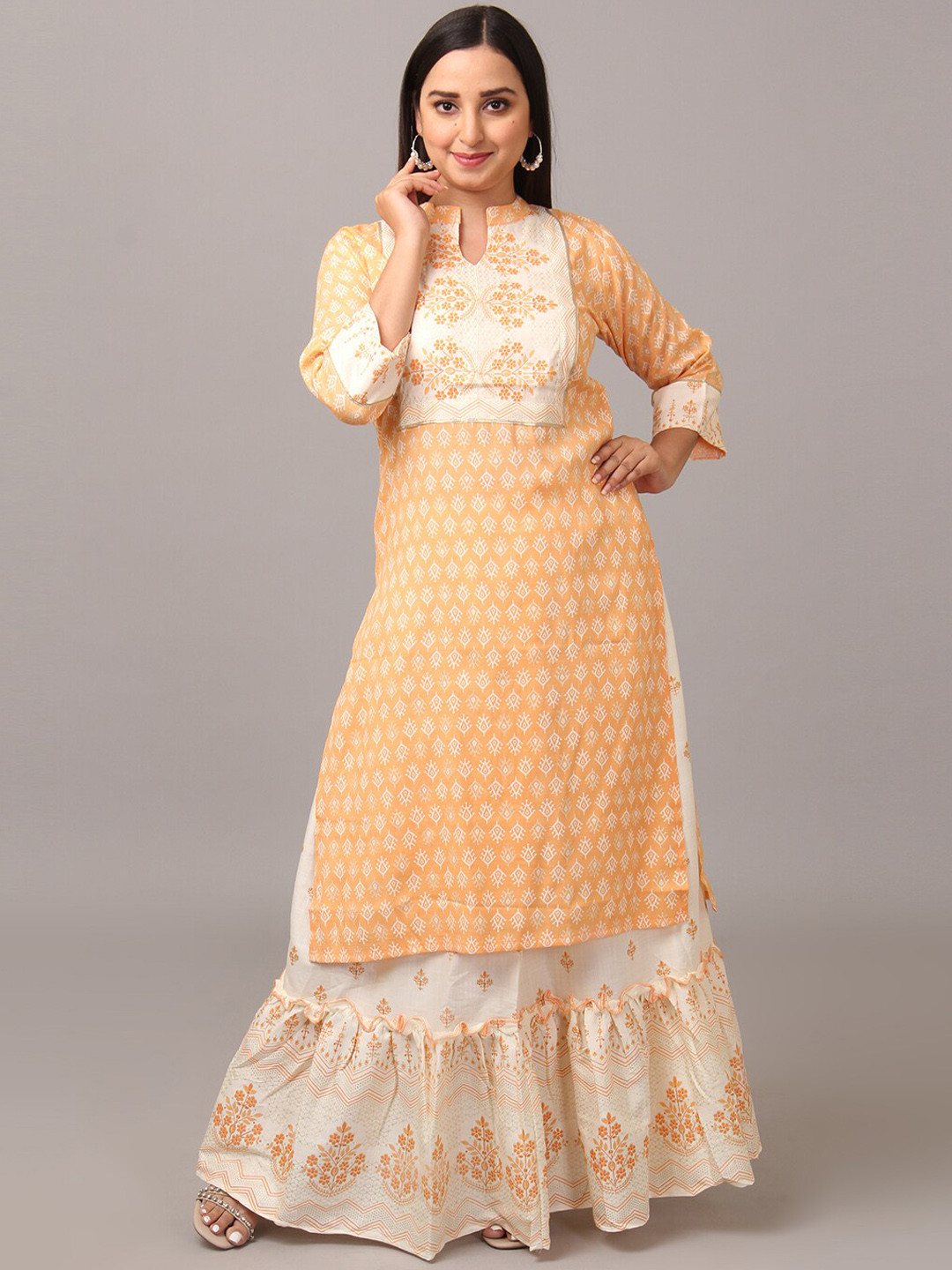 

NAYRA Women Yoke Design Floral Printed Kurta with Skirt, Orange