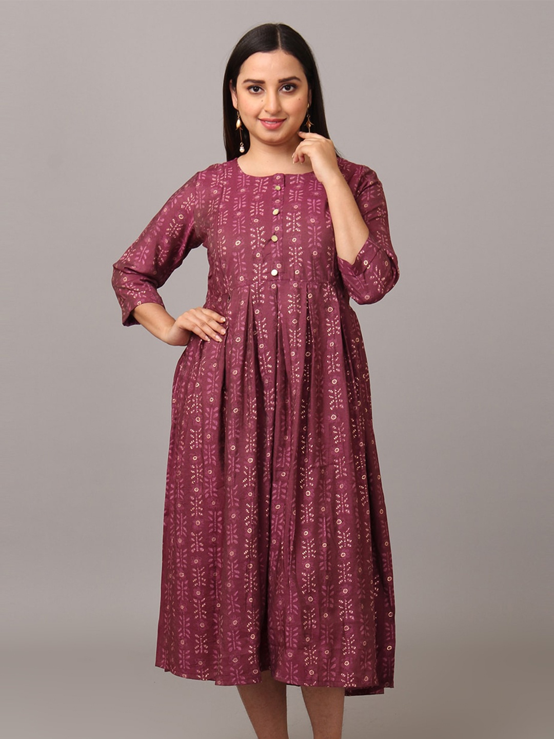 

NAYRA Ethnic Motifs Printed Round Neck Silk Fit & Flare Midi Dress, Magenta