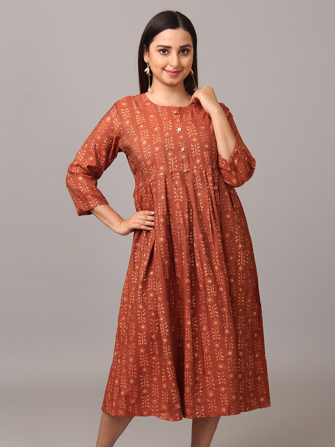 

NAYRA Ethnic Motifs Printed A-Line Midi Ethnic Dress, Mustard