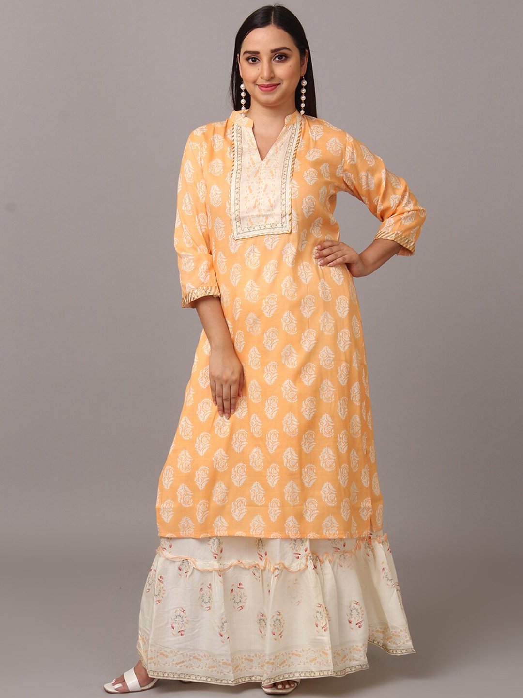 

NAYRA Floral Printed Band Collar Kurta With Fabric Pure Cotton Skirt, Orange
