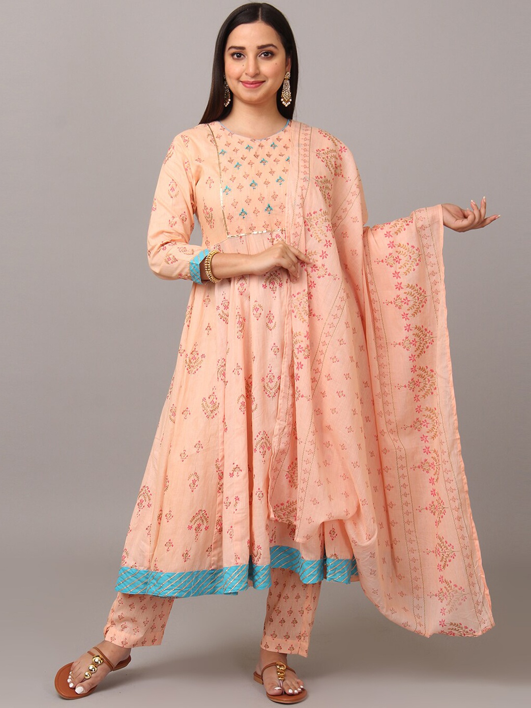 

NAYRA Floral Printed Pure Cotton Anarkali Kurta With Trousers & Dupatta, Peach