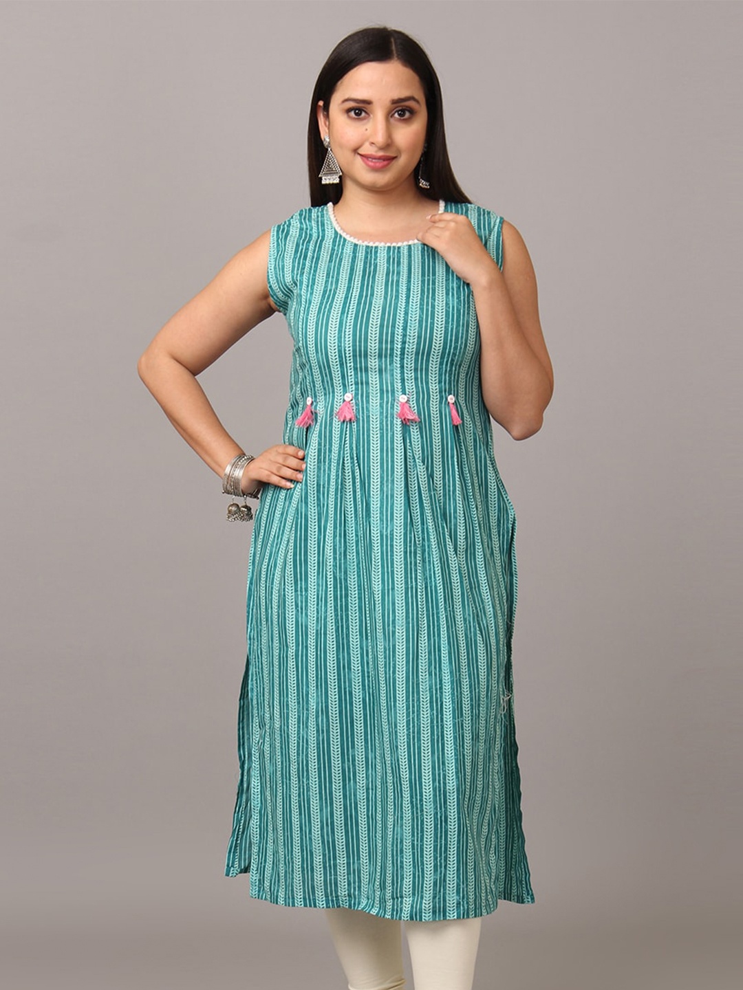 

NAYRA Sleeveless Striped Pleated Cotton Kurta, Green