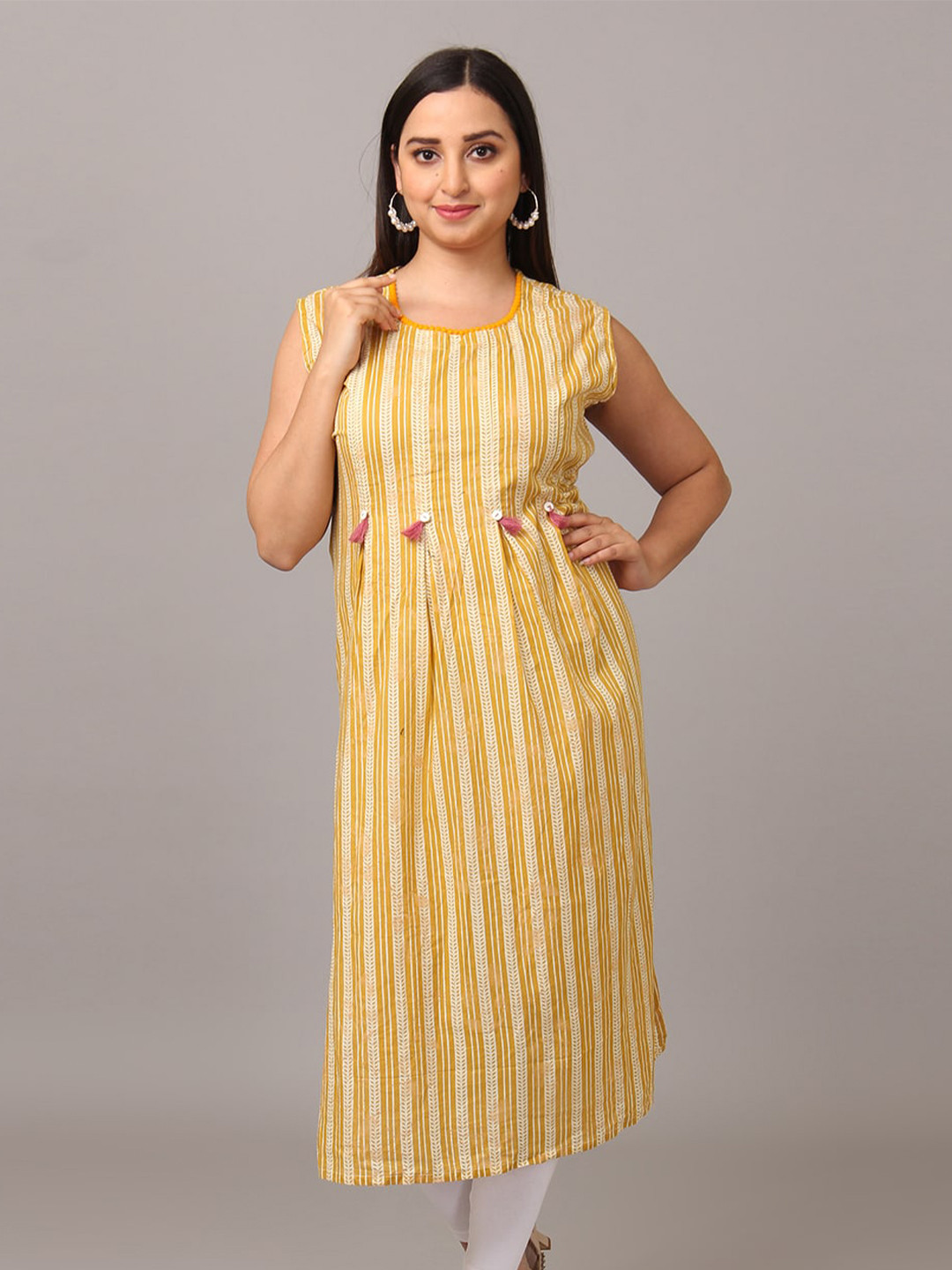 

NAYRA Striped Straight Cotton A-Line Kurta, Mustard
