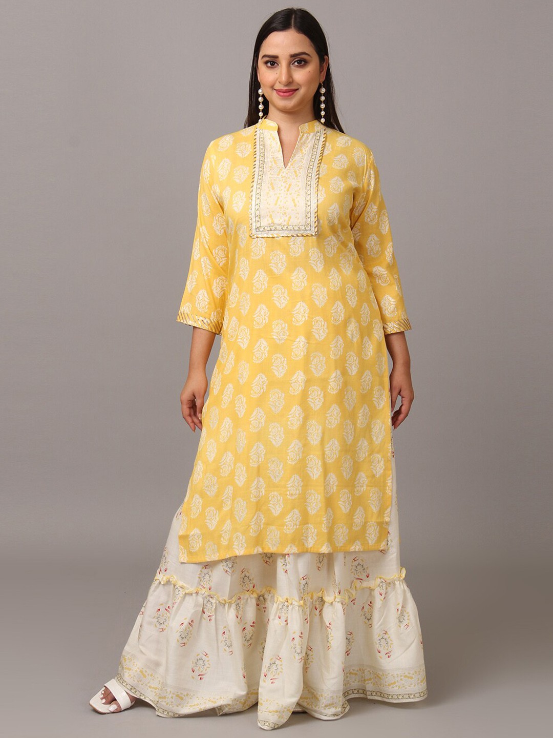 

NAYRA Floral Printed Band Collar Kurta With Fabric Pure Cotton Skirt, Yellow