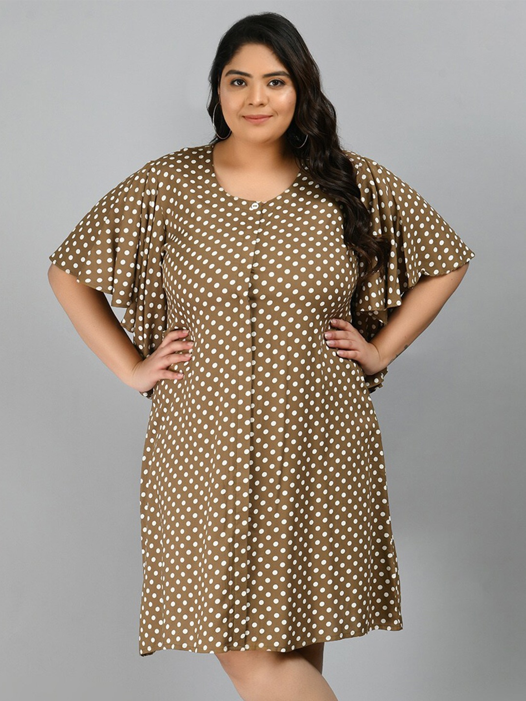 

PrettyPlus by Desinoor.com Polka Dots Printed A-Line Dress, Beige