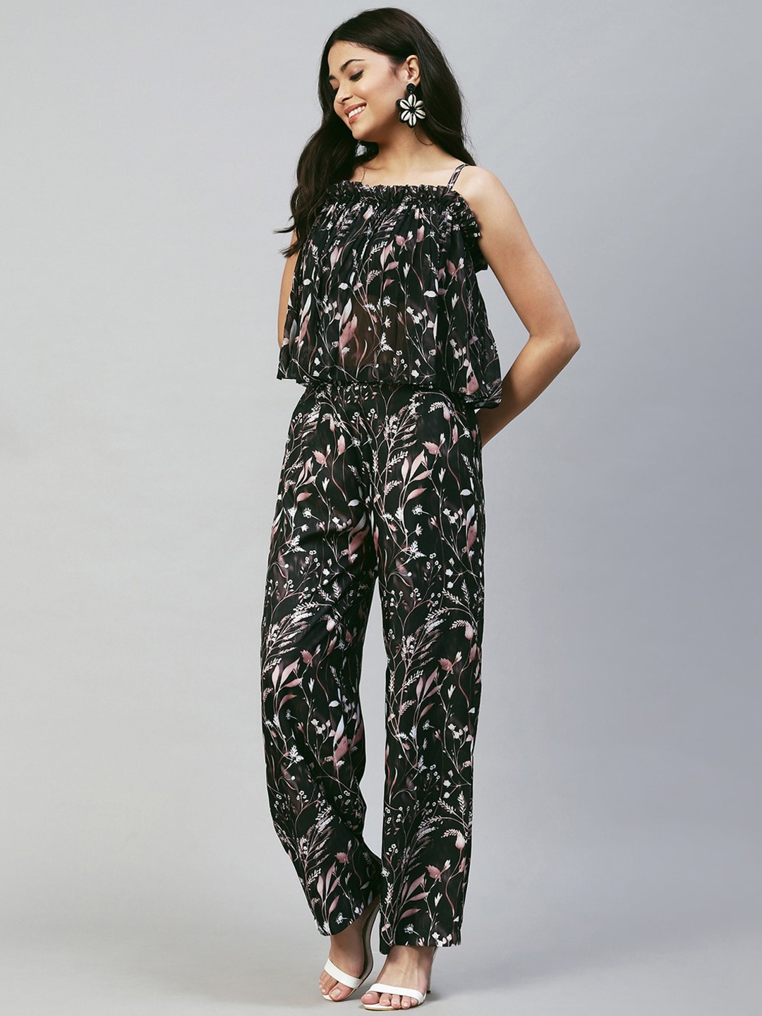 

Selvia Women Printed Shoulder Straps Top & Trousers, Black