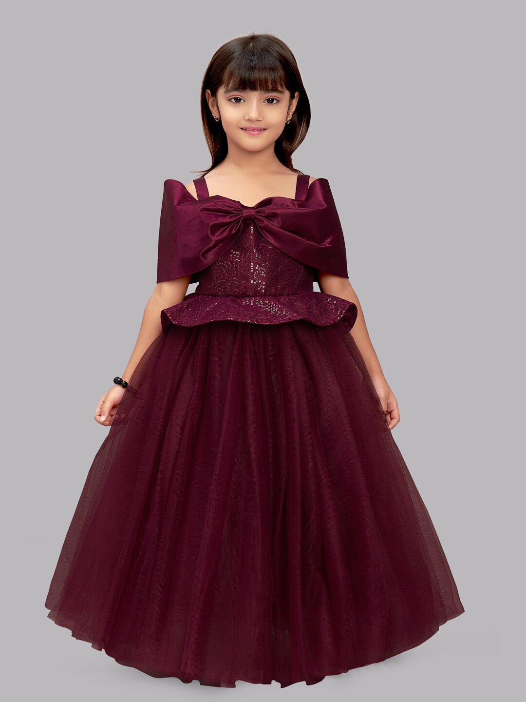 

Pink Chick Girls Embellished Sequined Bow Net Gown Dress, Burgundy