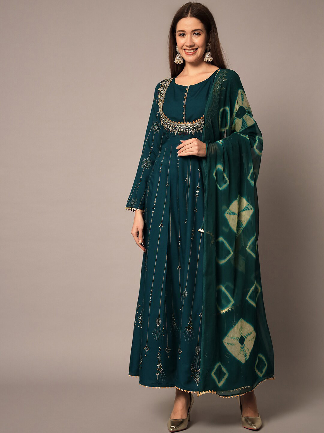 

Meeranshi Ethnic Motifs Maxi Dress With Dupatta, Green