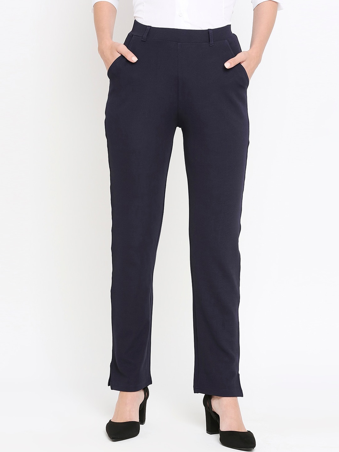 

Smarty Pants Women Relaxed Straight Leg Straight Fit Easy Wash Cotton Formal Trousers, Navy blue