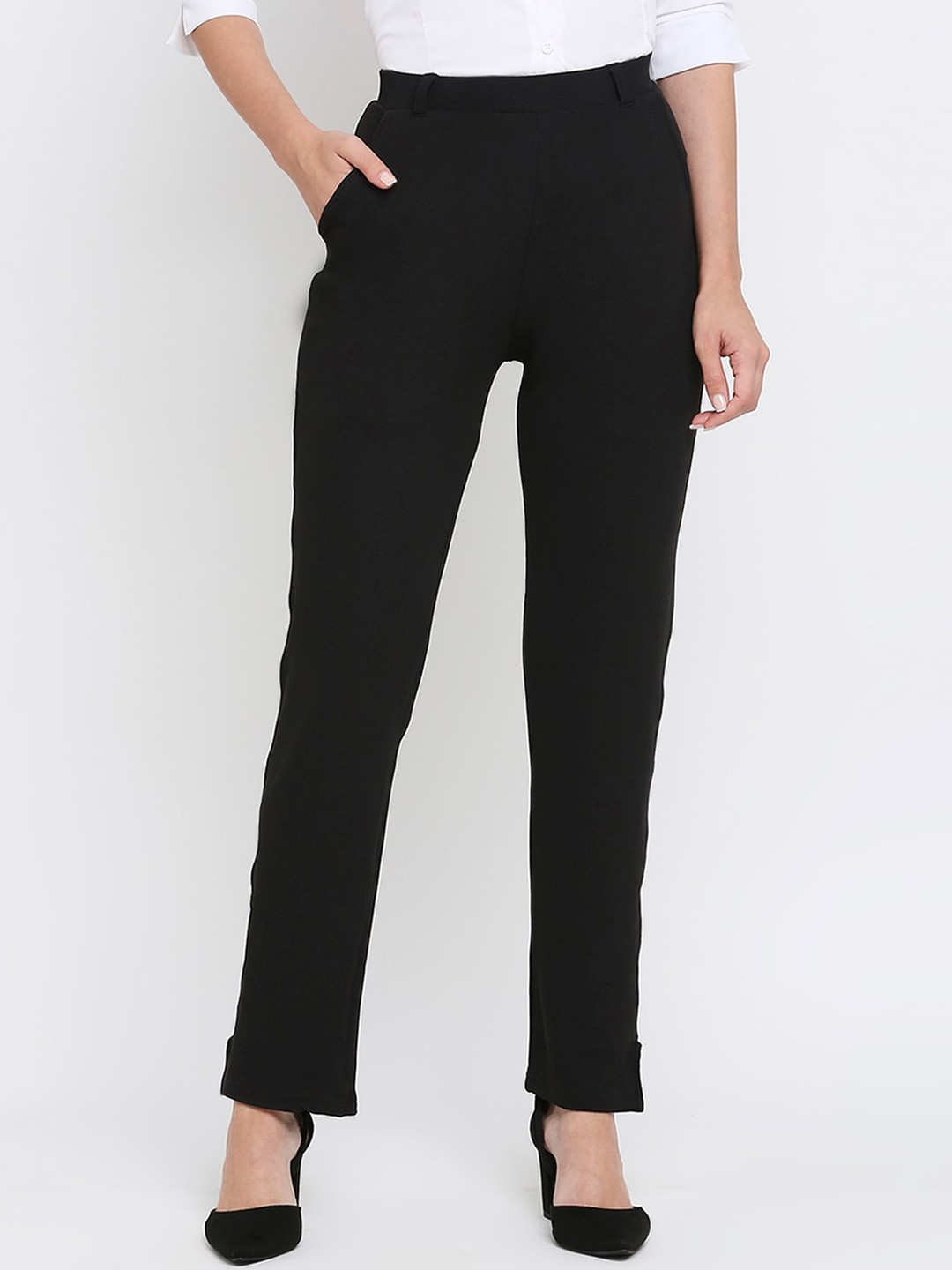 Smarty Pants Women Straight Fit Mid-Rise Cotton Lycra Formal Trouser, Black
