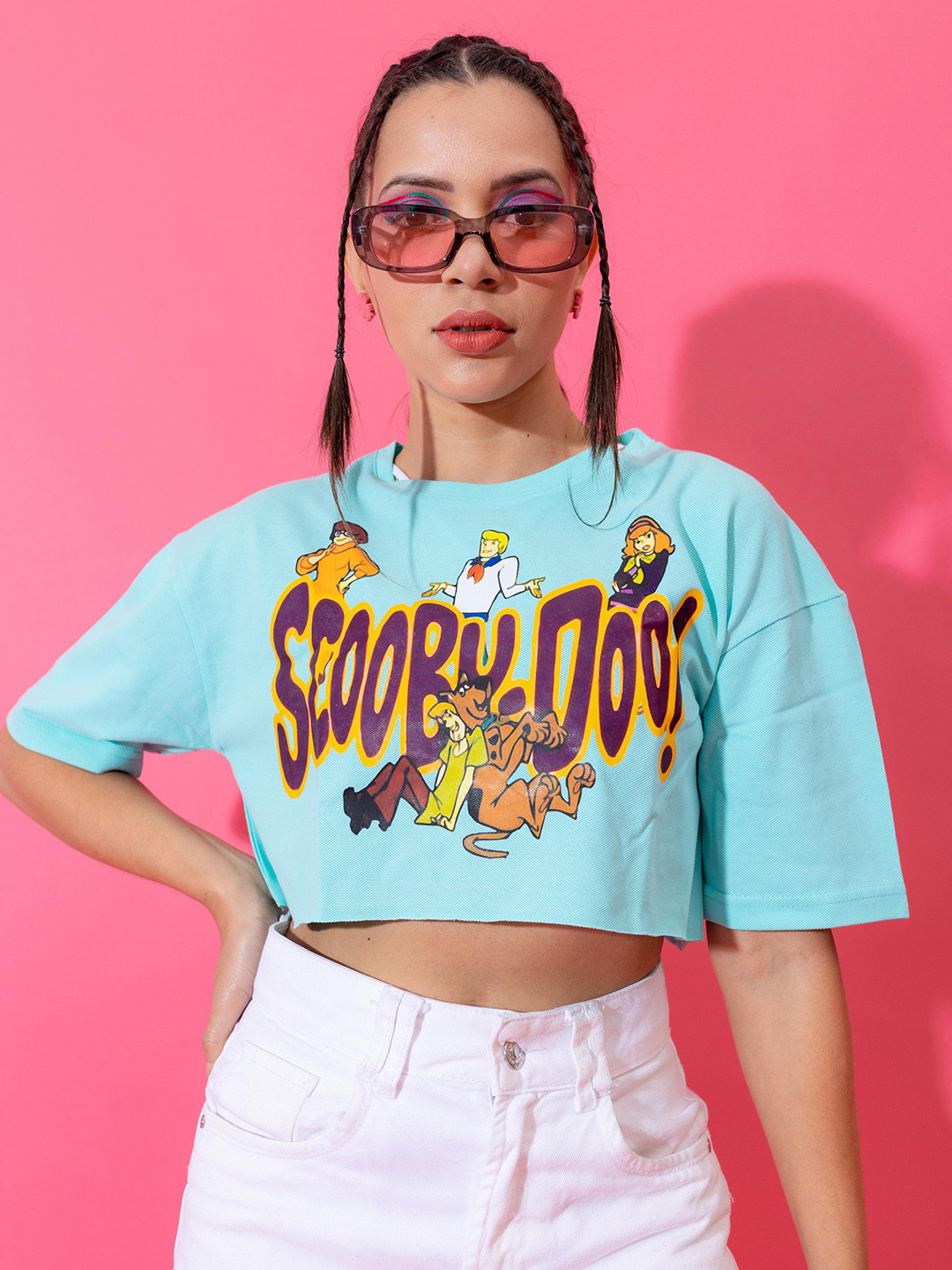 

Stylecast X Hersheinbox Sky Blue Typography Printed Pure Cotton Crop Top