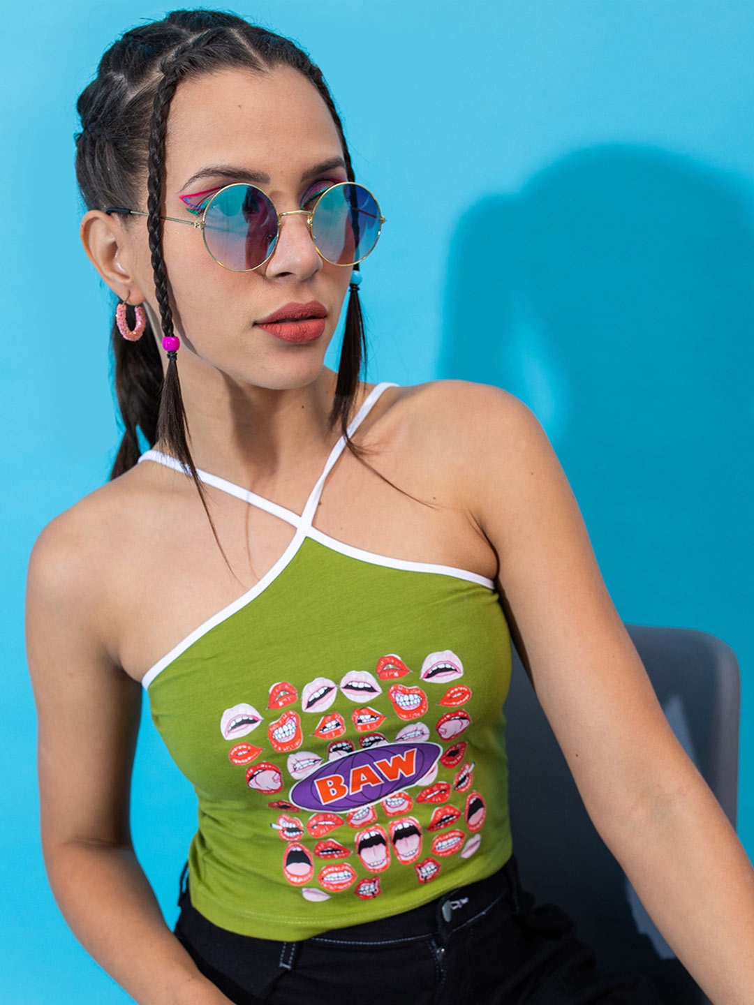 

Stylecast X Hersheinbox Light Green Typography Printed Halter Neck Pure Cotton Top