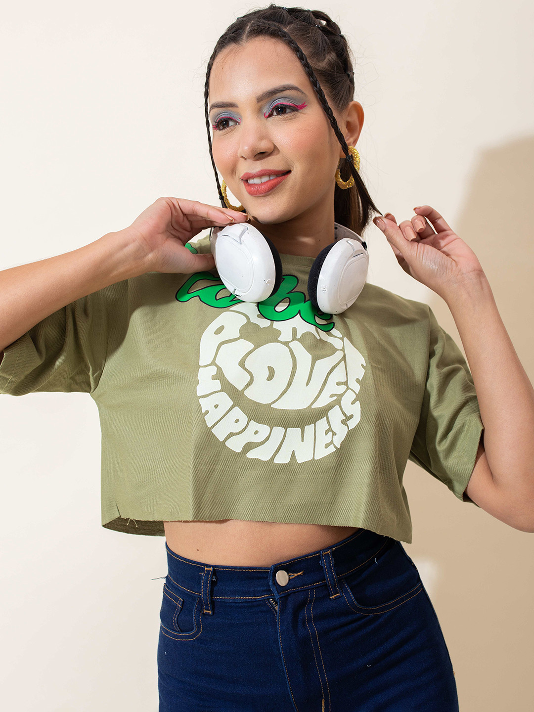 

Stylecast X Hersheinbox Olive Green Typography Printed Pure Cotton Crop Top