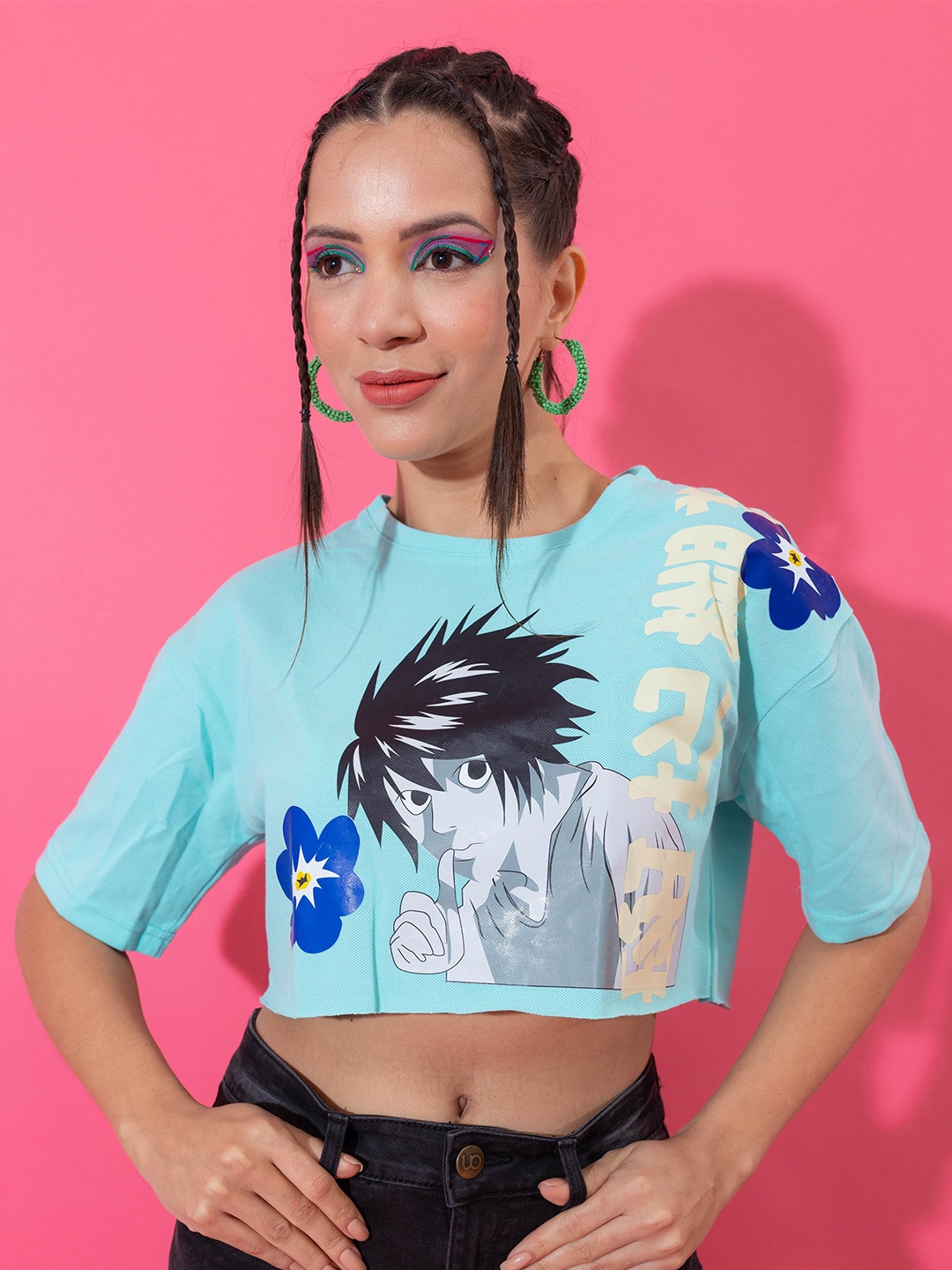 

Stylecast X Hersheinbox Sea Green, Blue and Grey Graphic Printed Boxy Crop Cotton Top