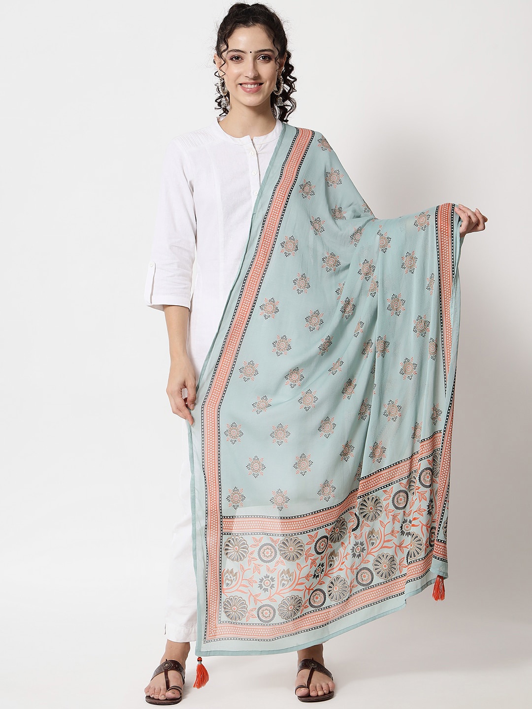 

Pankvi Floral Printed Dupatta With Tasselled Border, Turquoise blue