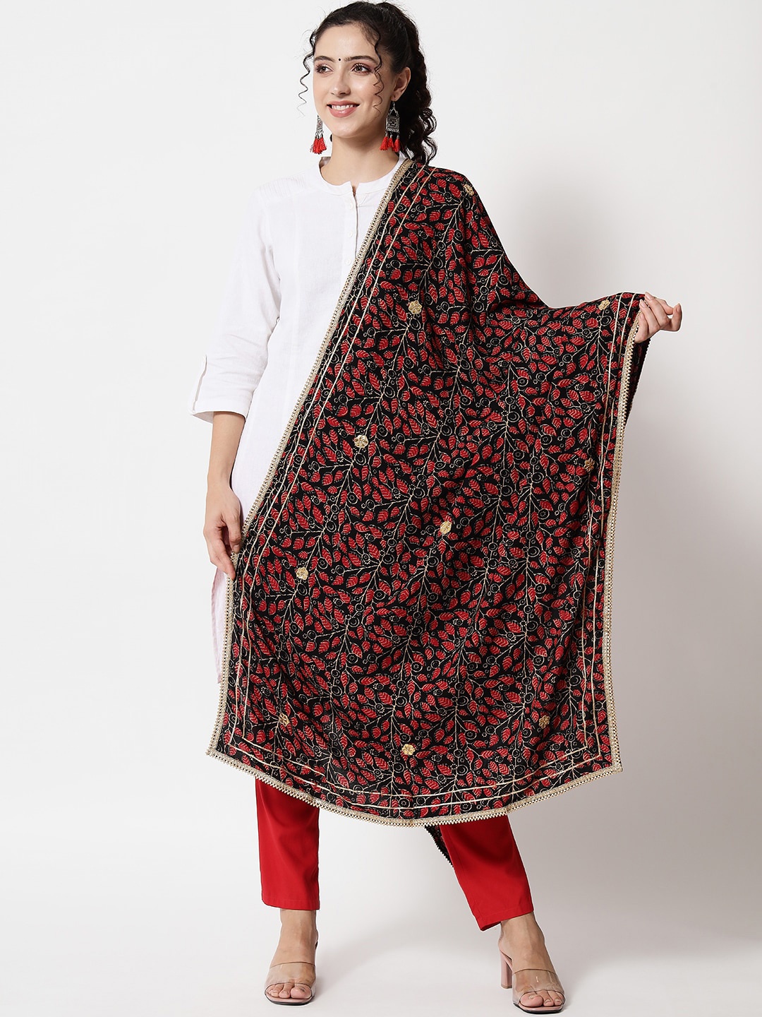 

Pankvi Floral Foil Printed Gotta Patti Worked Dupatta, Black