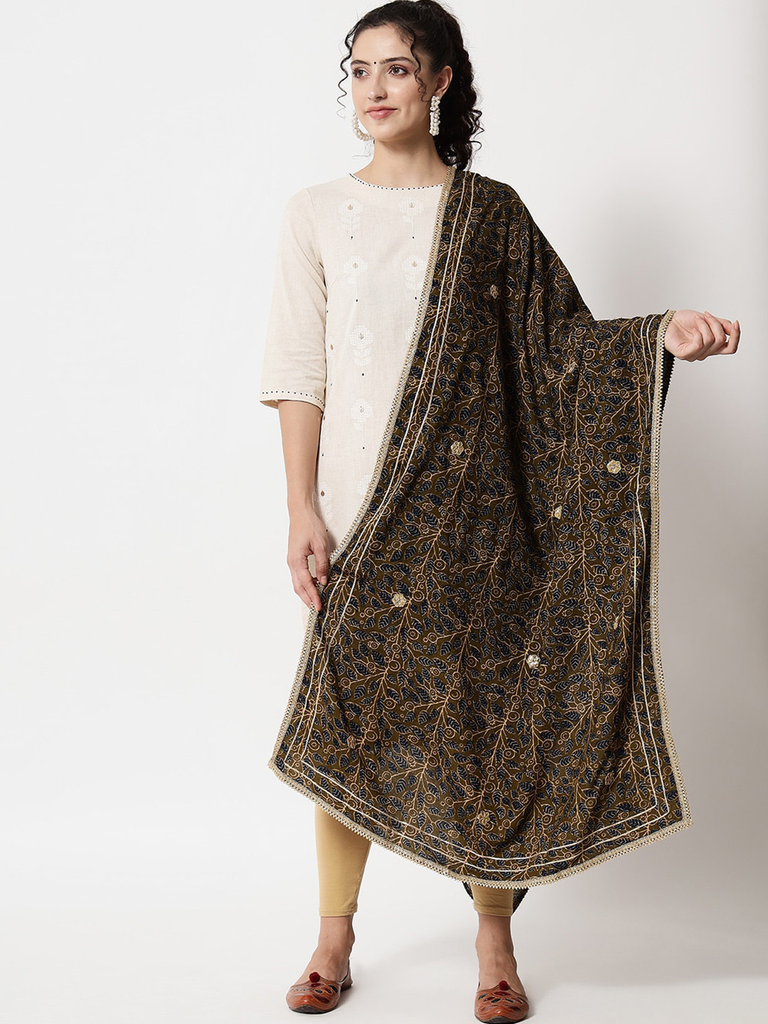

Pankvi Floral Foil Printed Gotta Patti Worked Dupatta, Green