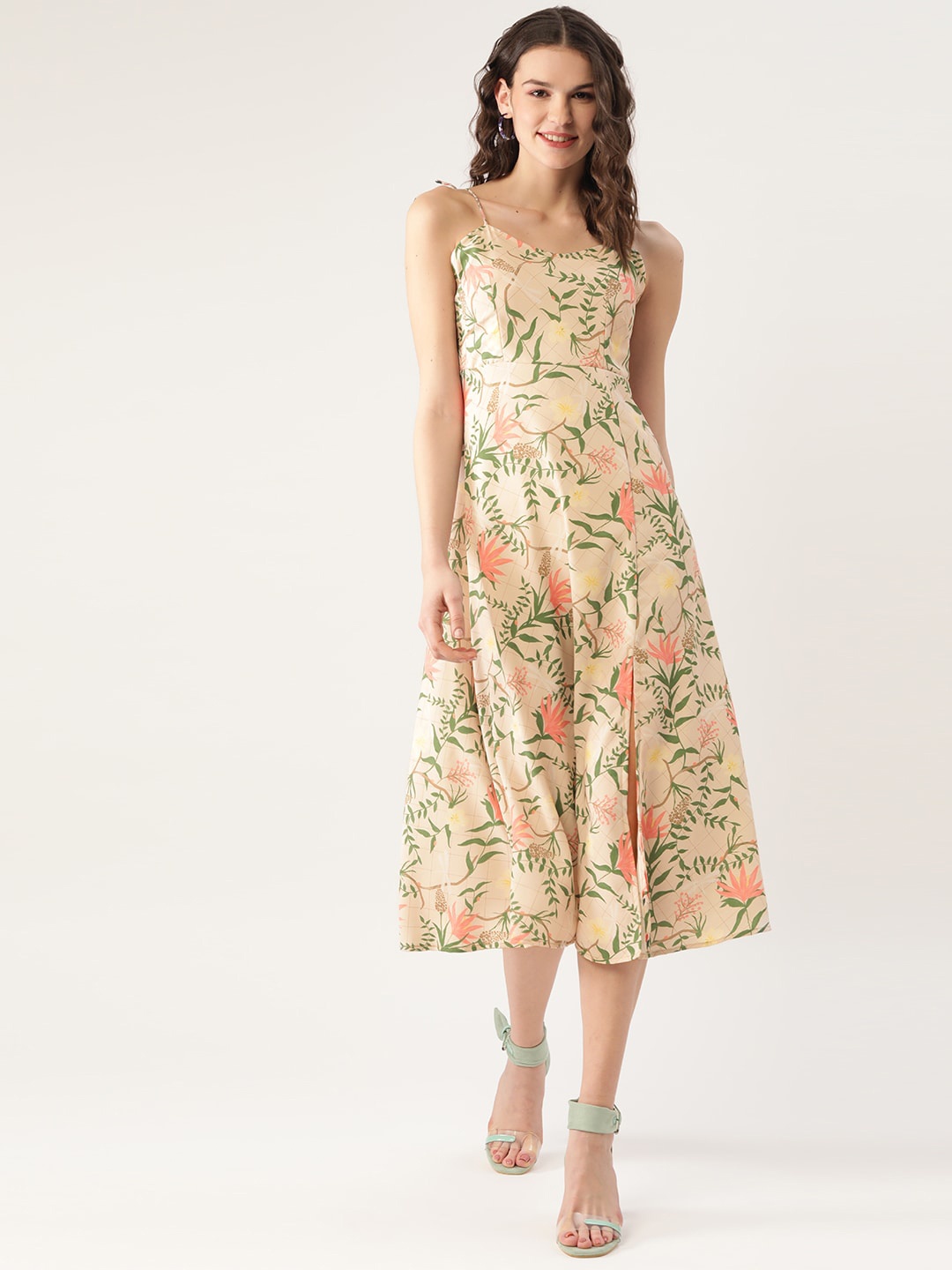

Sangria Tropical Printed Fit & Flared Midi Dress, Beige