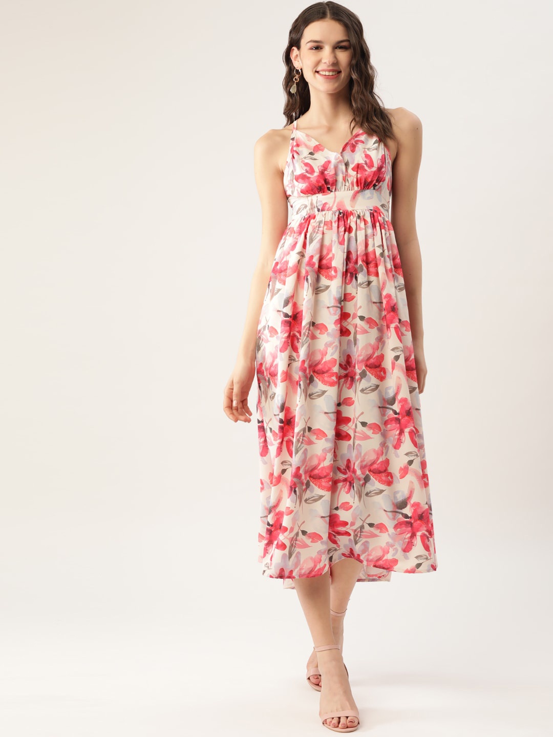 

Sangria Floral Printed Shoulder Straps Empire Midi Dress, White