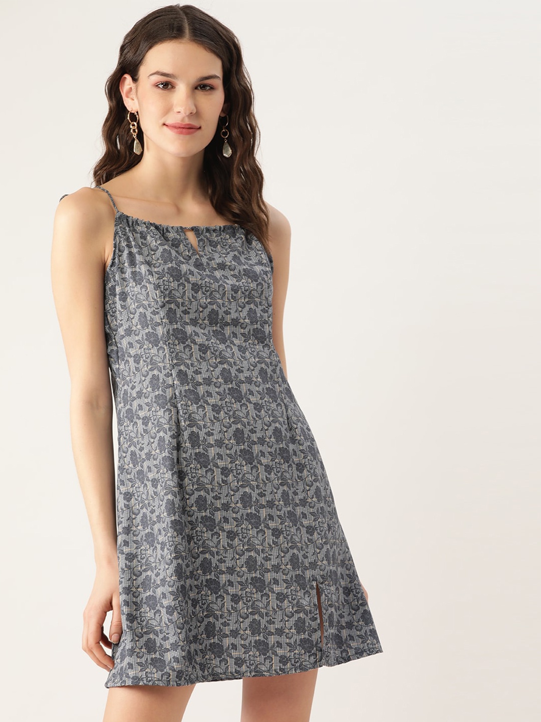 

Sangria Floral Printed A-Line Mini Dress, Grey
