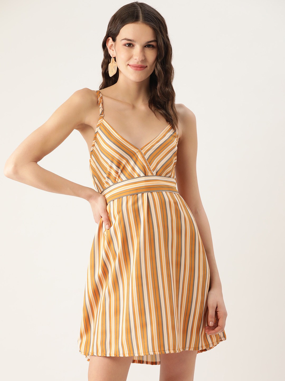 

Sangria Striped Shoulder Straps Mini-Length Fit and Flare Dress, Mustard