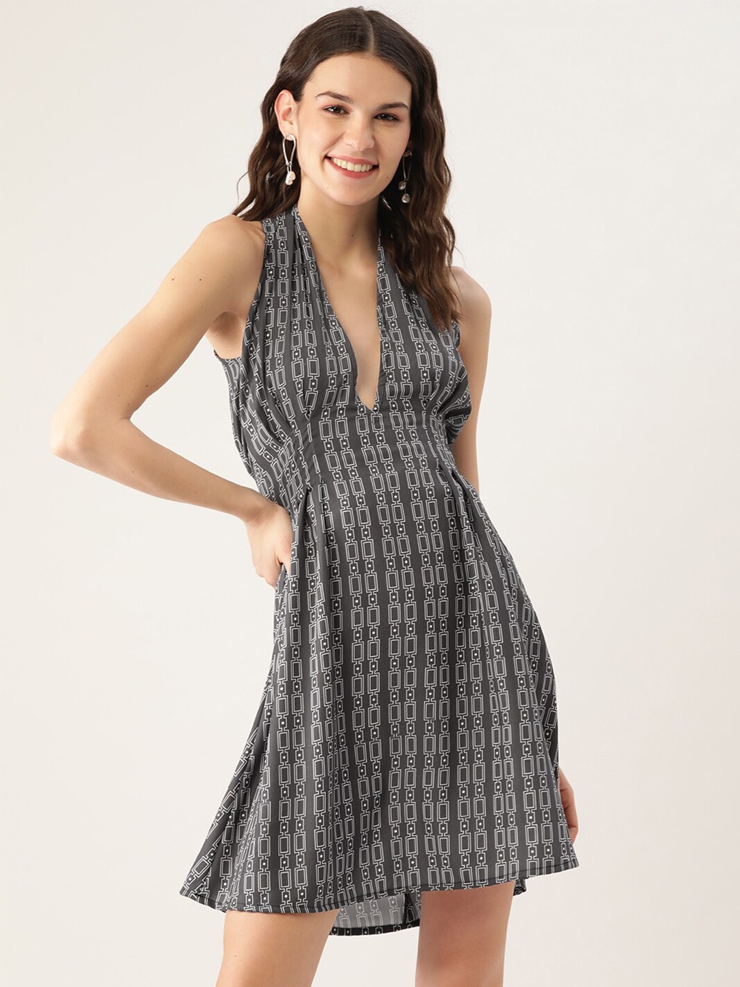 

Sangria Halter Neck Geometric Printed A-Line Dress, Black