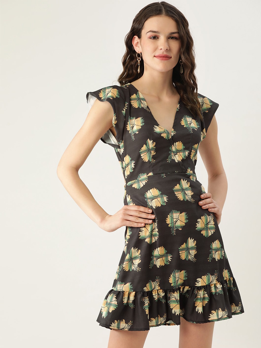 

Sangria Flutter Sleeves Floral Mini Wrap Dress, Black