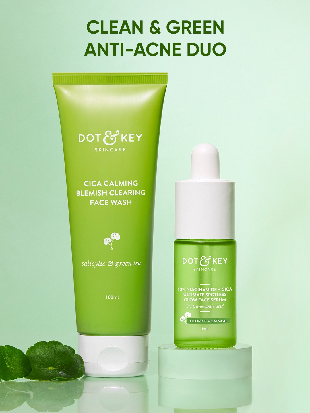 

DOT & KEY Cica Acne Free Face Wash 100ml & 10% Niacinamide Spotless Glow Face Serum 30ml, Green