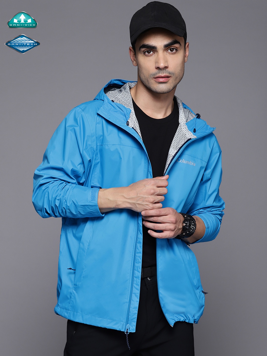 

Columbia Men Solid Nylon Evapouration Rain Jacket, Blue