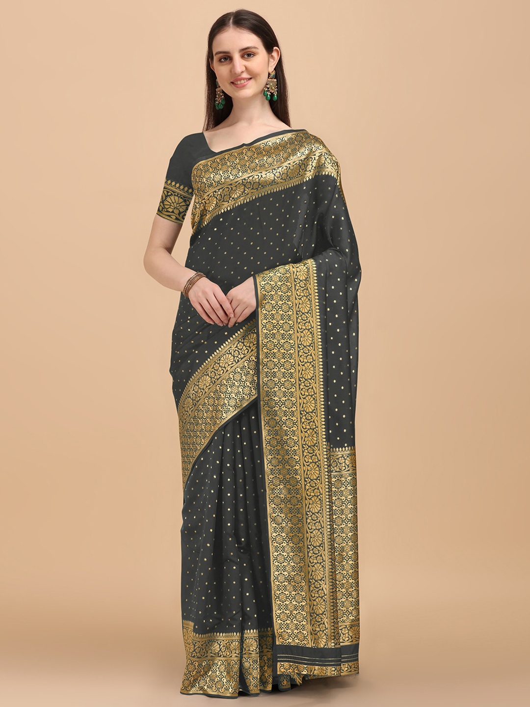 

Kasak Floral Woven Design Zari Silk Blend Banarasi Saree, Black