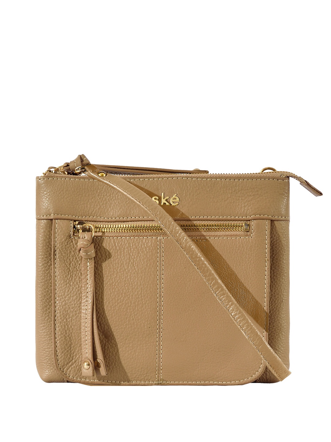 

Eske Textured Leather Structured Sling Bag, Beige