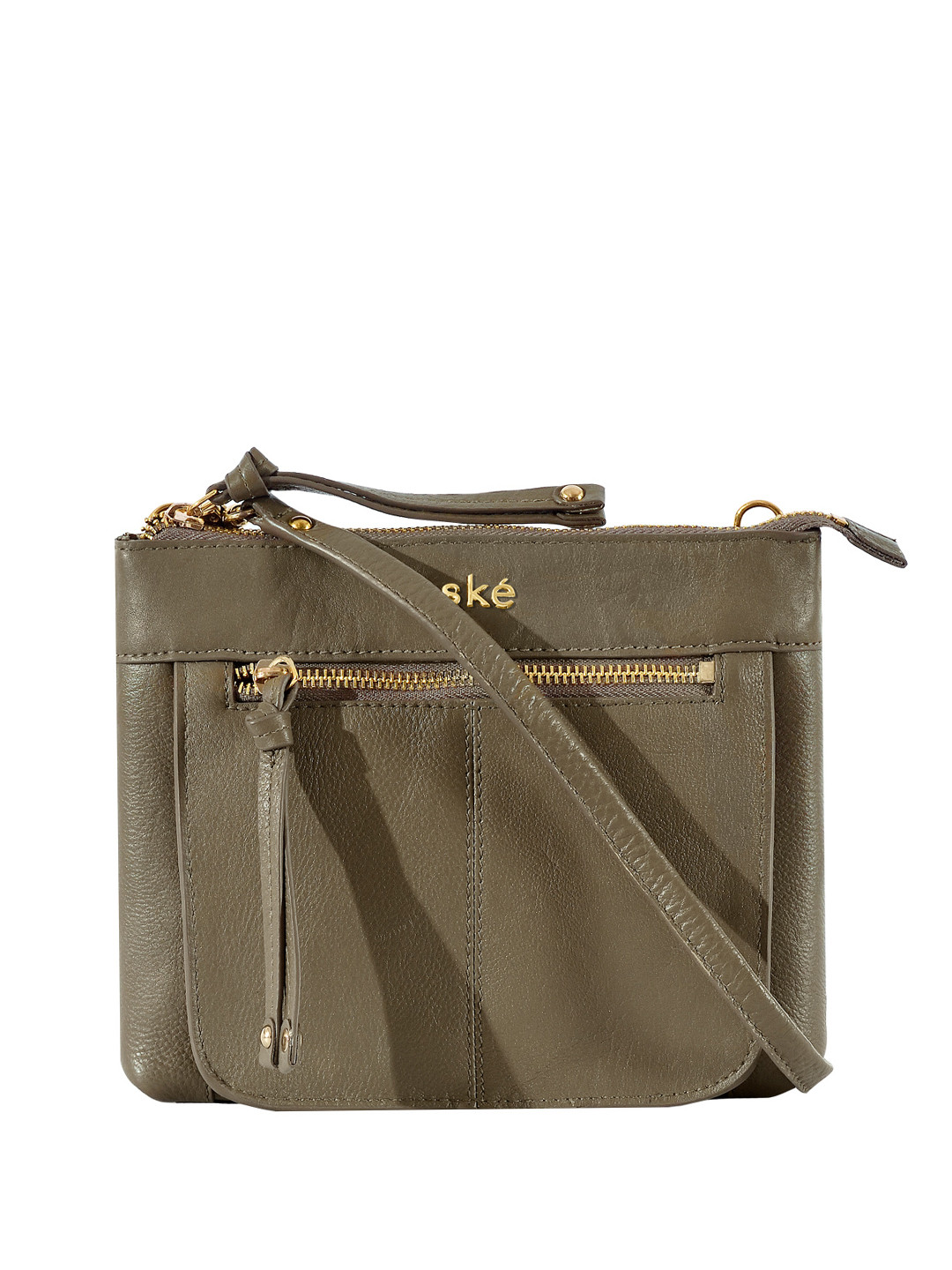 

Eske Textured Leather Structured Sling Bag with Fringed, Taupe
