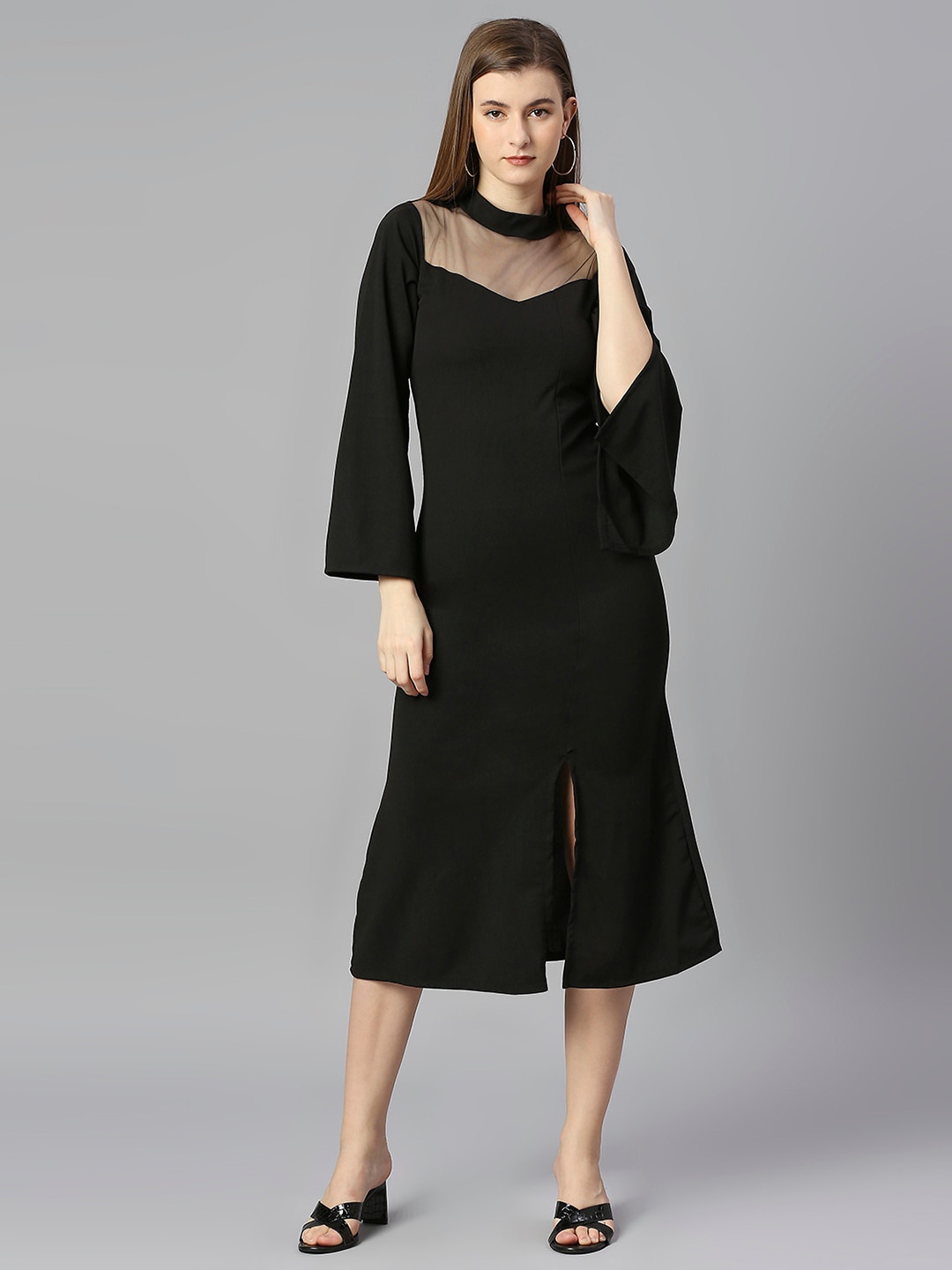 

DEETYA ARTS Slit sleeves A-Line Cotton Lycra Midi Dress, Black