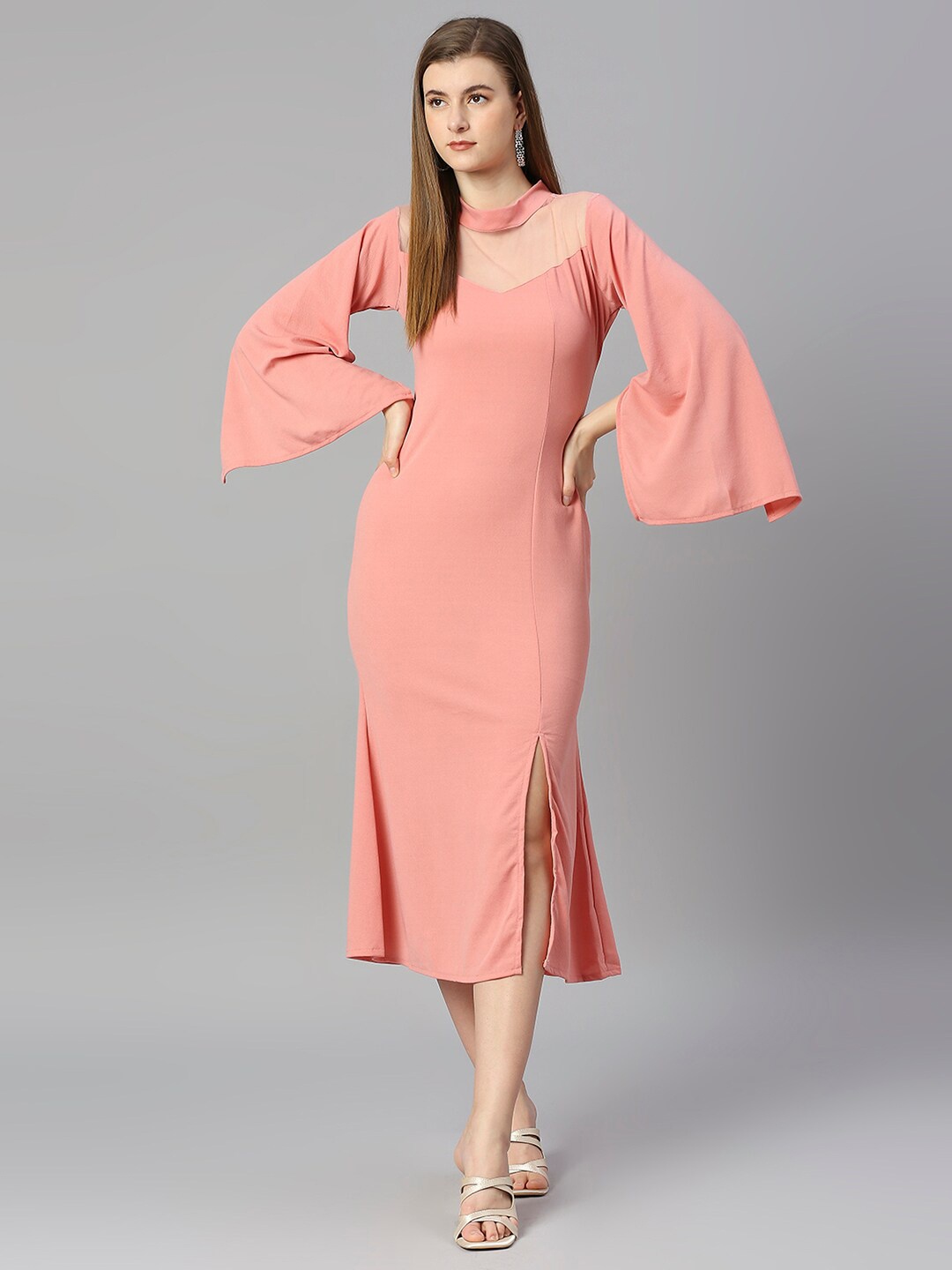

DEETYA ARTS Flared Sleeves Sheath Dress, Peach