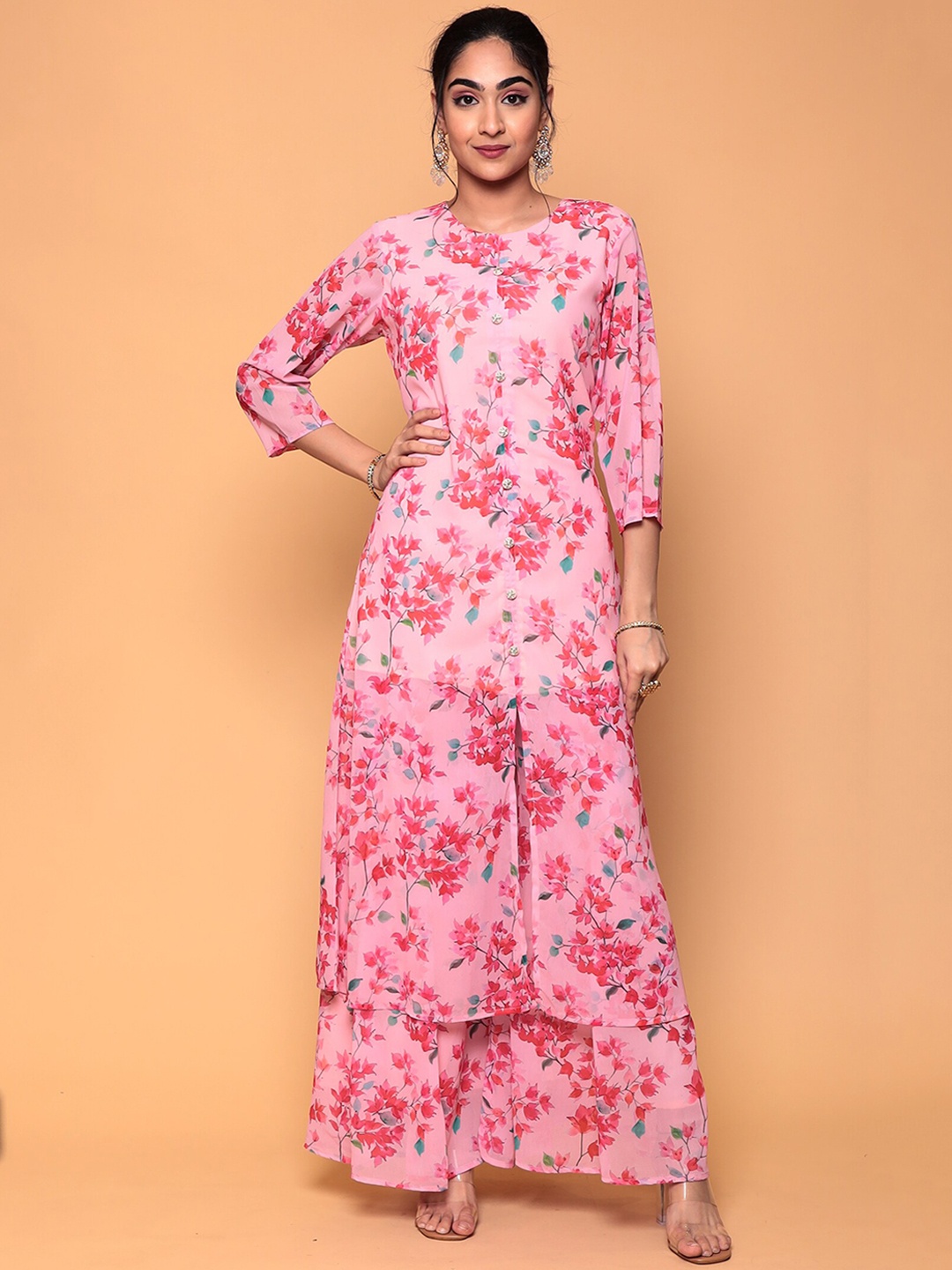 

ZARI Floral Printed Kurta with Palazzos, Pink
