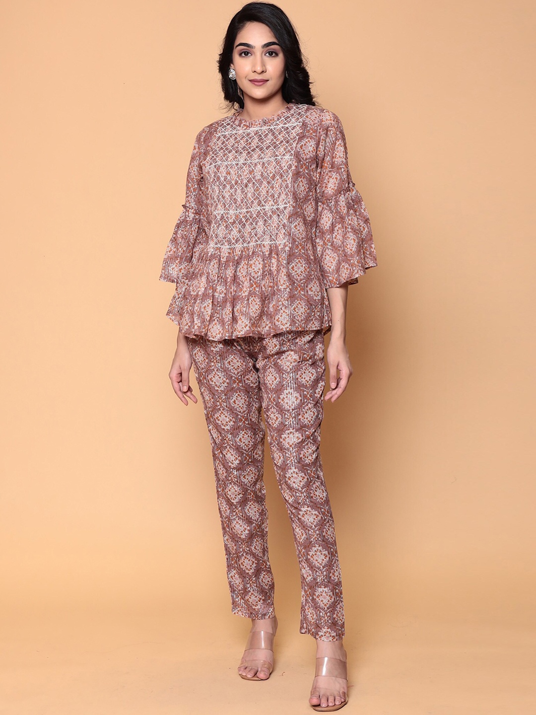 

ZARI Printed Tunic Top with Trousers Co-Ords, Brown