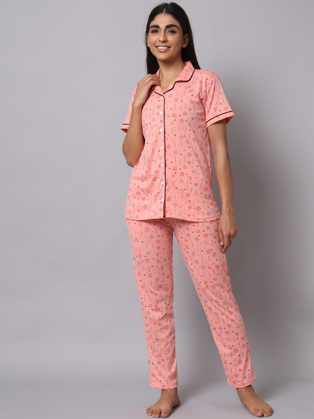 

SEPHANI Women Conversational Printed Pure Cotton Night Suit, Peach