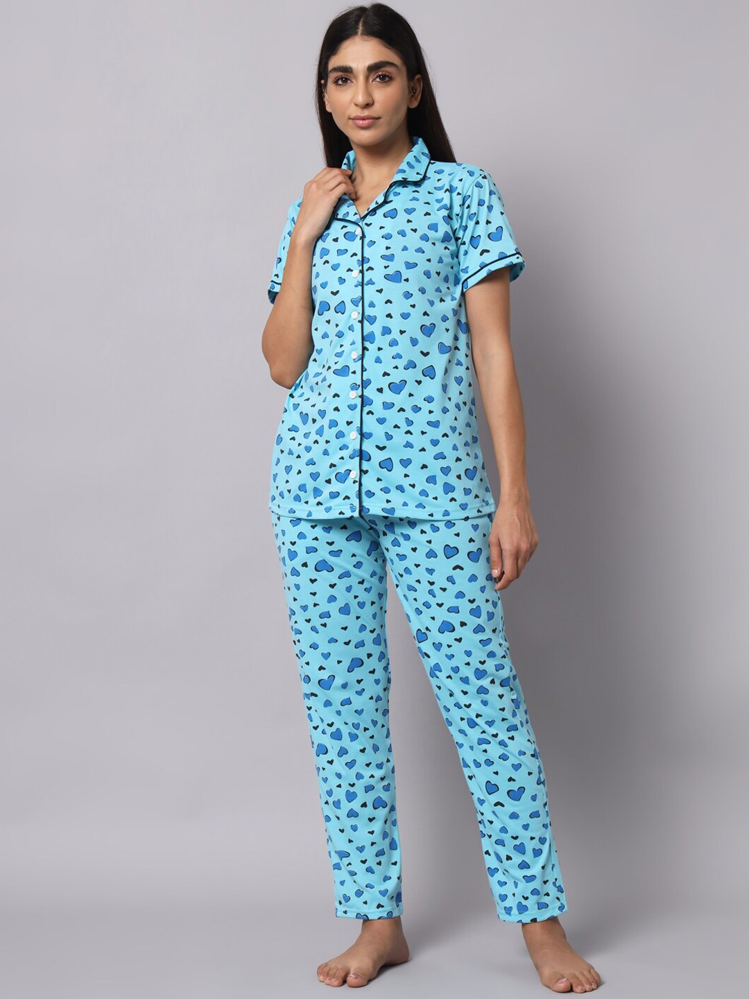 

SEPHANI Women Conversational Printed Pure Cotton Night Suit, Turquoise blue